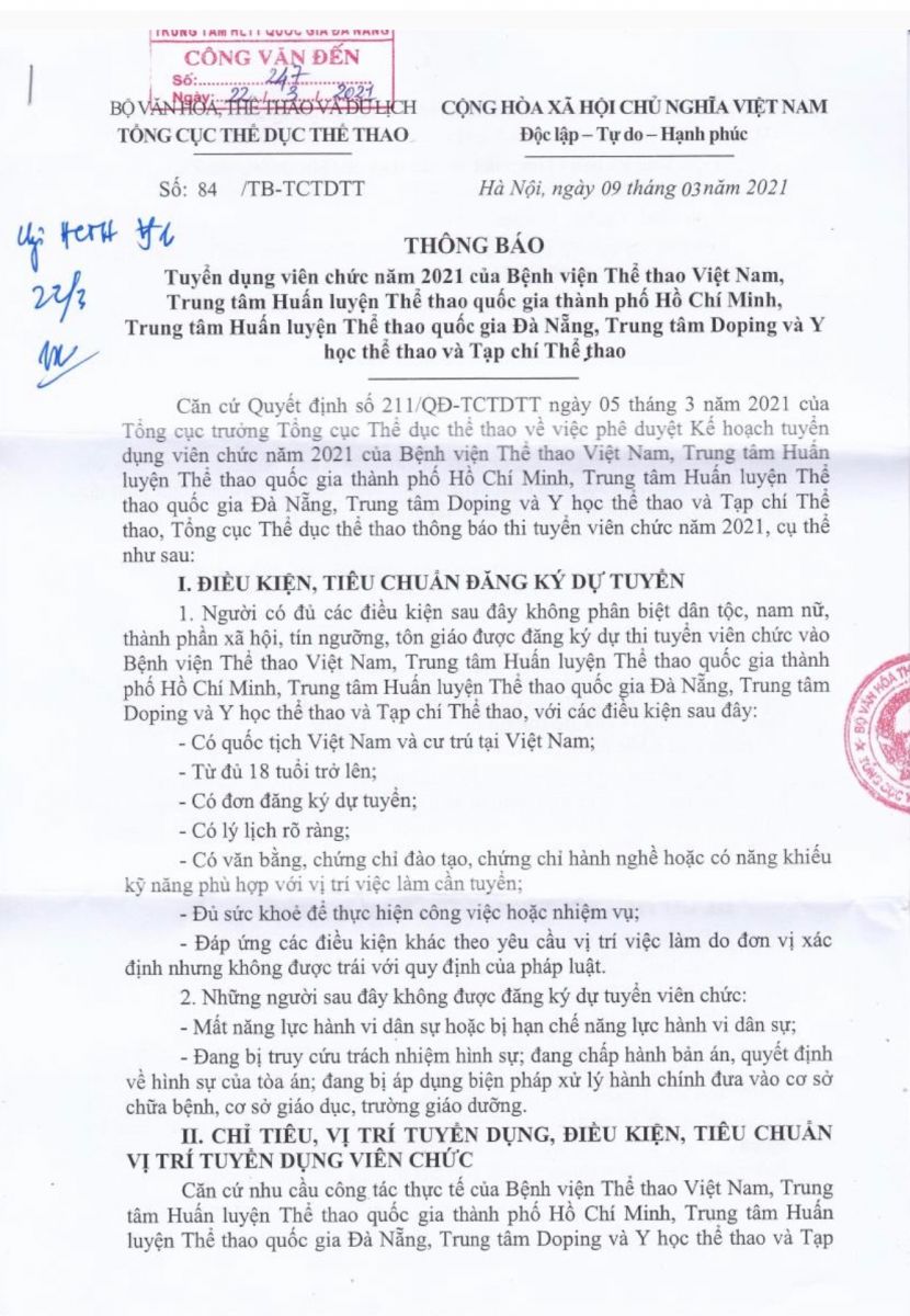 thong bao tuyen dung vien chuc nam 2021 cua benh vien the thao viet nam trung tam hltt quoc gia thanh pho ho chi minh trung tam hltt quoc gia da nang trung tam doping va y hoc the thao va tap chi the thao